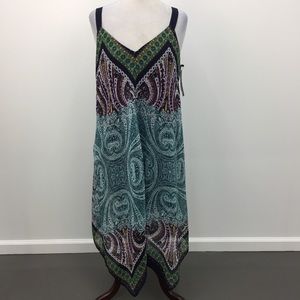 EUC AB Studio Multicolor Paisley Print Maxi Dress with handkerchief hem.